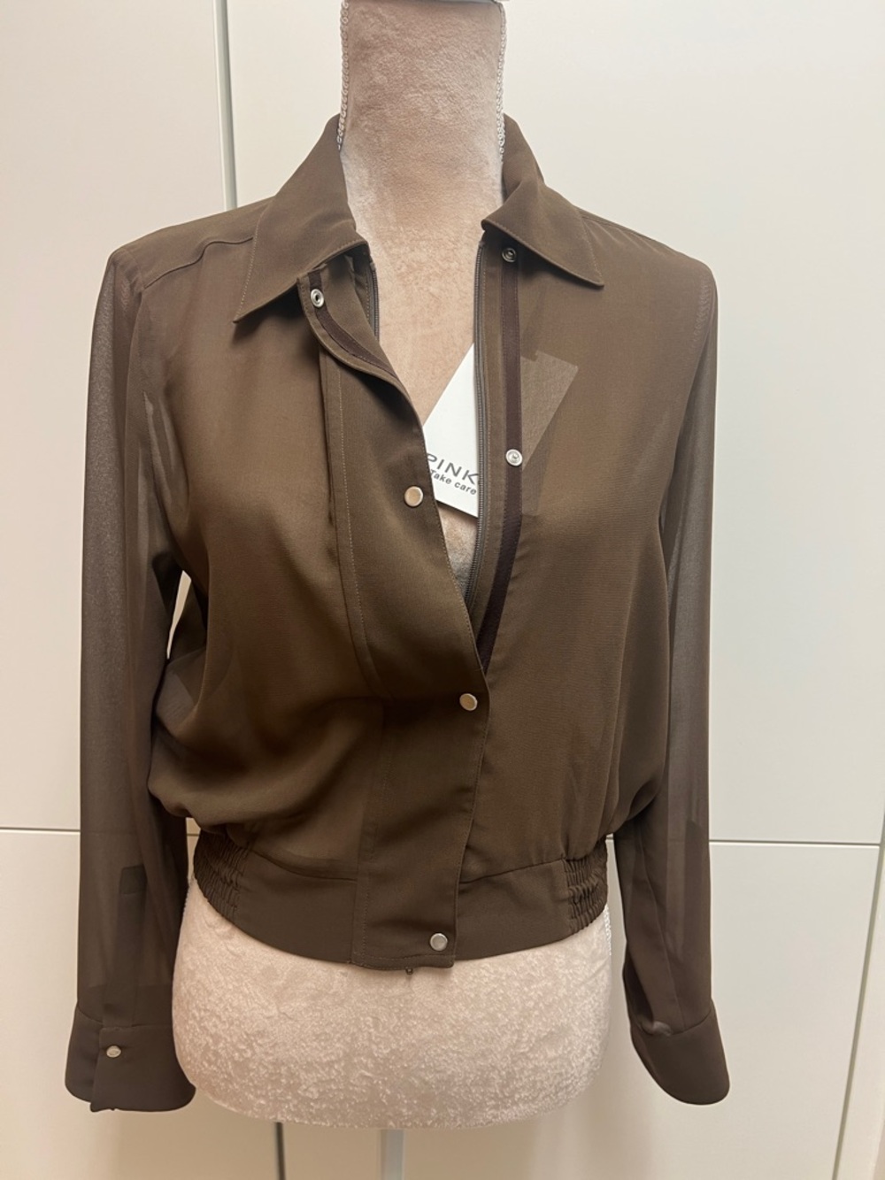 Pinko Sheer Brown Button-Front Long Sleeve Top